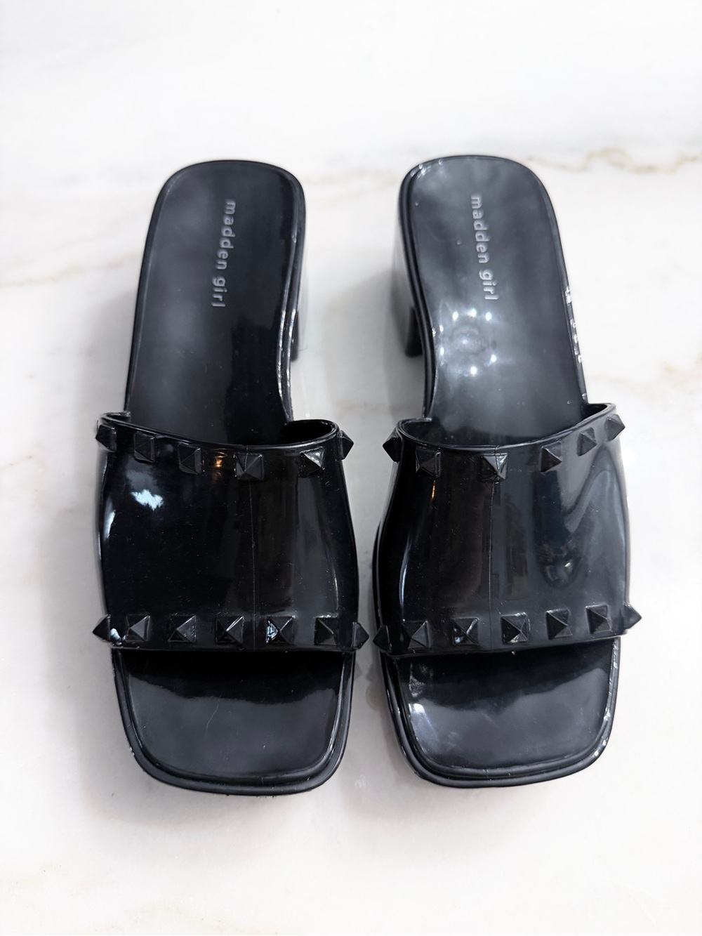 Madden Girl Paccer black jelly studded platform heel slide sandal size 8.5